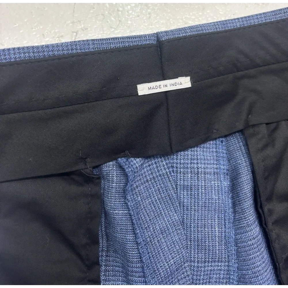 Atelier Munro Custom 38 Navy Blue Chambray Plaid Wool Silk Linen Pants Trousers